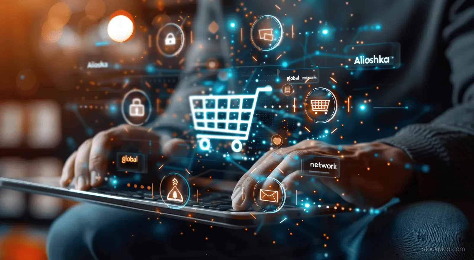 Hands holding a tablet with holographic shopping cart and payment icons over a digital network.