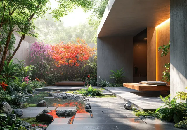 Stone stepping paths lead through a lush courtyard garden beside concrete walls and a softly lit interior doorway.