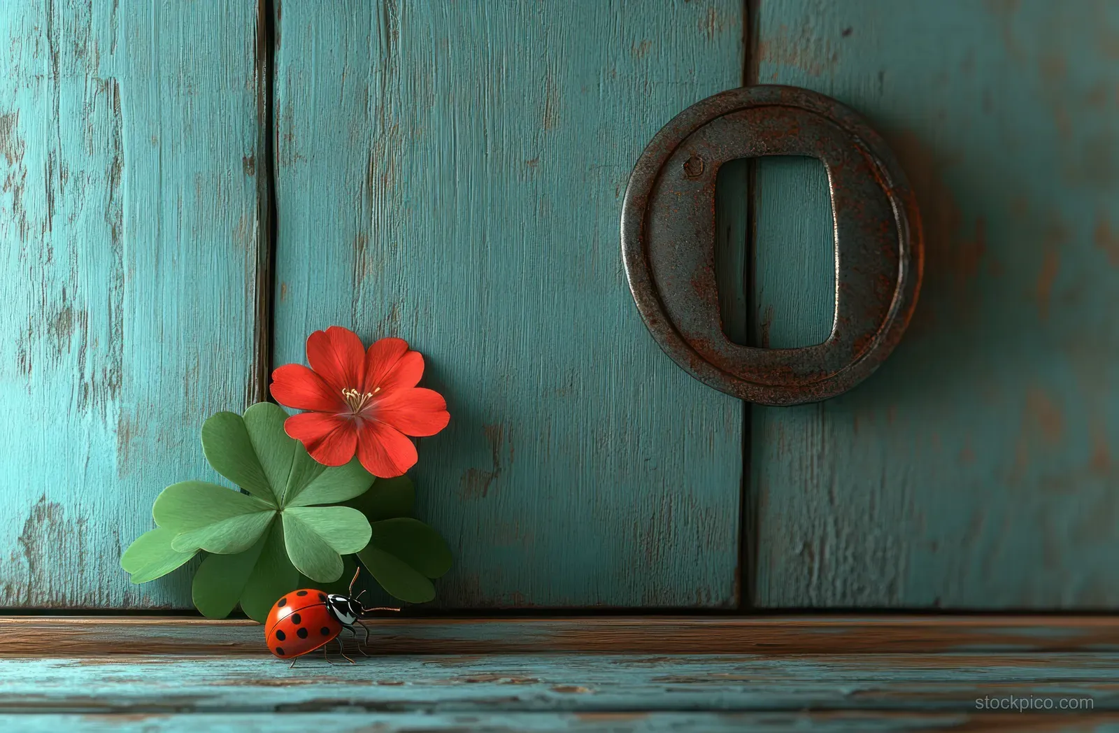 A rusty horseshoe hangs on turquoise wooden boards next to a red flower with a ladybug.