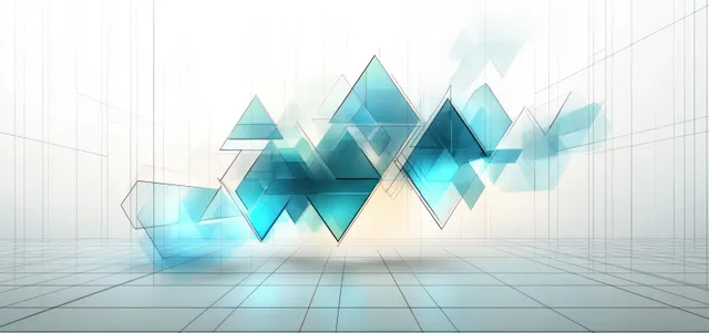 Translucent blue and cyan triangles and squares float over a glowing light grid space