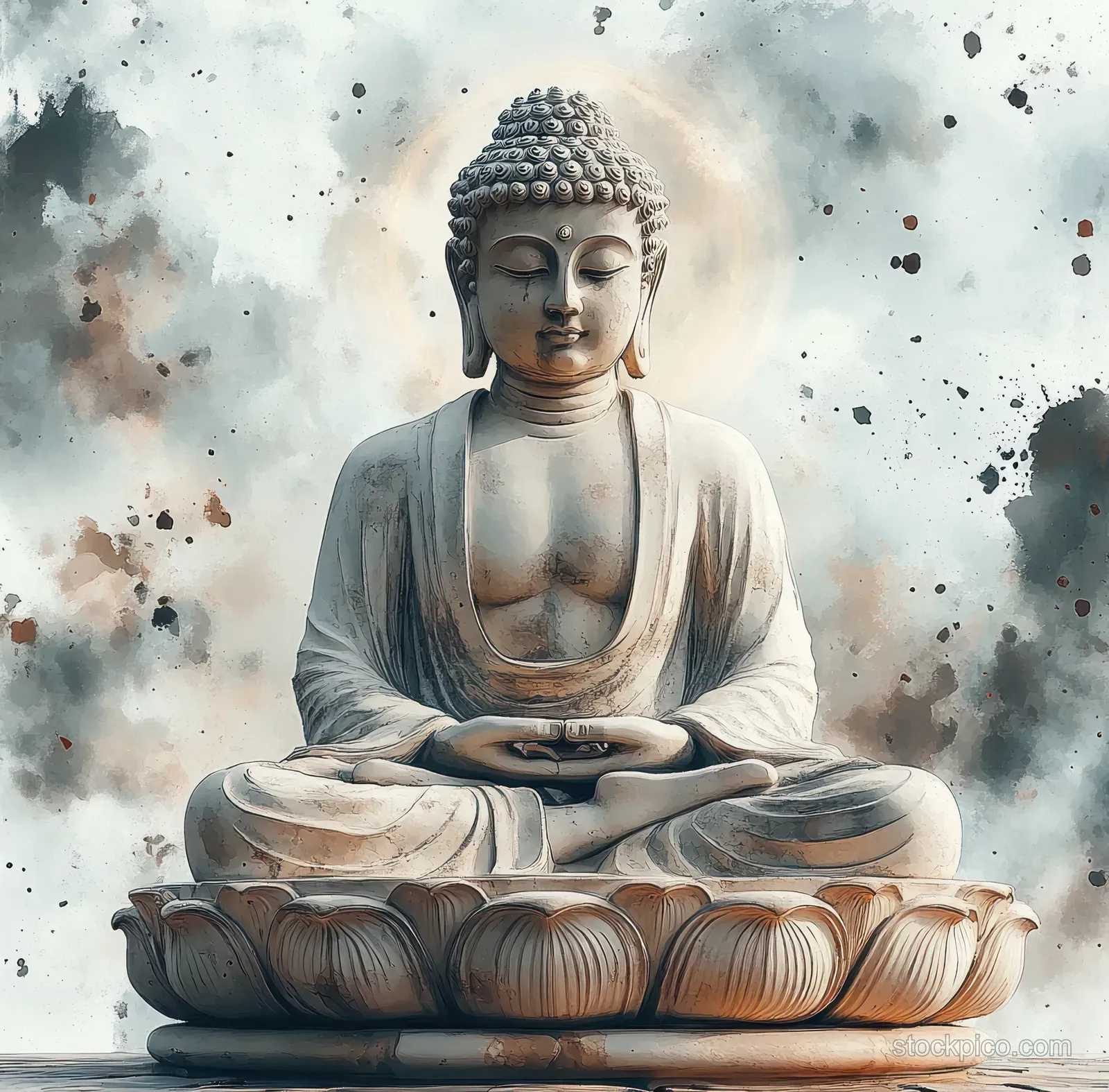 Serene Buddha statue seated cross-legged on a lotus pedestal with hands in a mudra and a soft glowing halo.