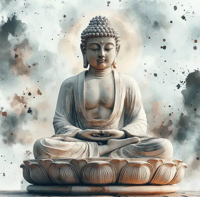 Serene Buddha statue seated cross-legged on a lotus pedestal with hands in a mudra and a soft glowing halo.