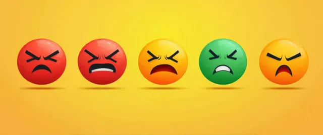 Five colorful angry emoticon faces with furrowed brows and open mouths on a yellow background.