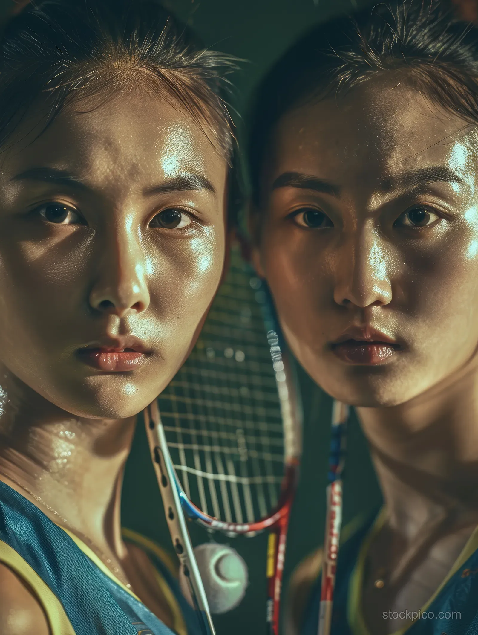 Close-up of Malaysian women badminton players reaching with racquets as a shuttlecock flies during a rally.