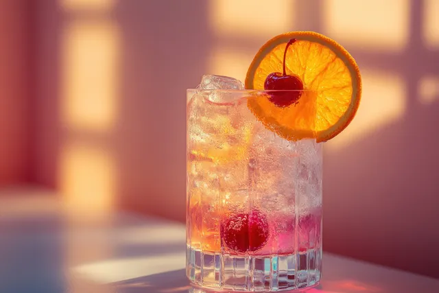 Female hand holding bright cocktail with orange wheel and cherry garnish at celebration