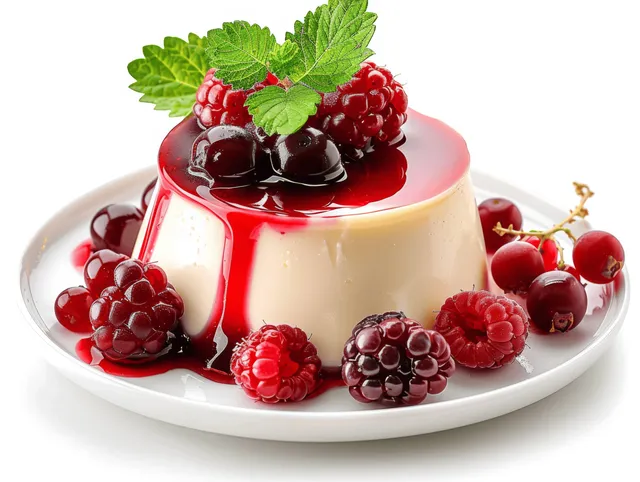 Panna cotta en un plato blanco cubierta con coulis rojo de frutos rojos y frutos rojos frescos.