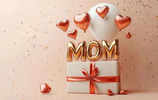 A gift box with ribbon is decorated with a gold MOM balloon and floating heart balloons on a pale background.