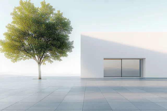 A single leafy tree stands on a tiled courtyard beside a minimalist white building with sliding glass doors.