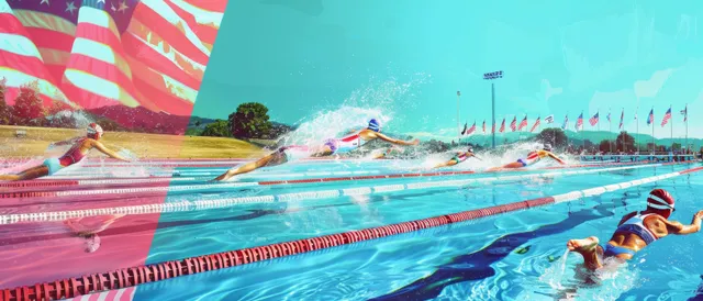 Women swimmer pushes through a pool lane mid-stroke with splashing water and an American flag backdrop.