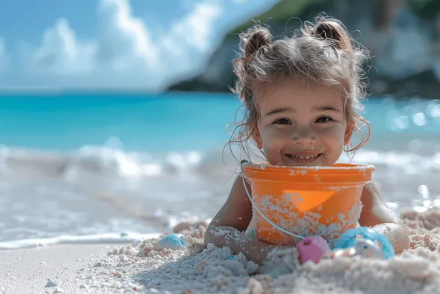A smiling little girl kneels in beach sand holding an orange bucket with ocean waves in the background.