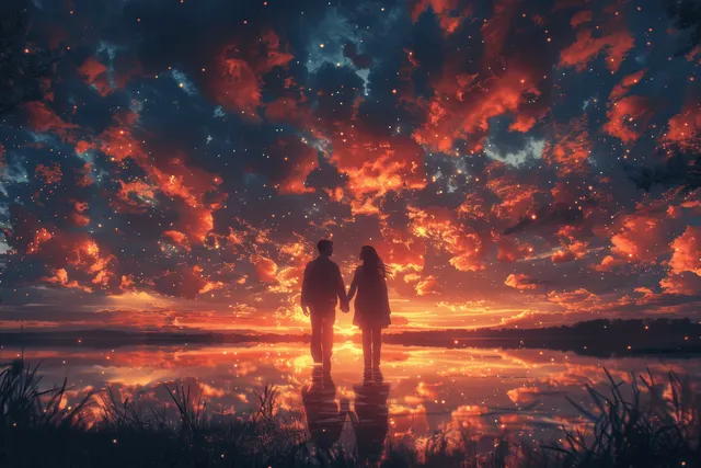 A romantic couple holds hands at sunset, silhouetted against a colorful sky and reflected in a calm lake.