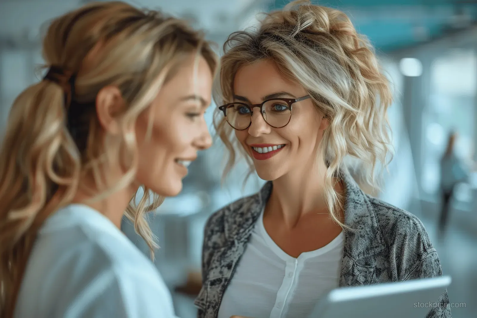 Smiling businesswomen collaborate on a tablet in a bright, modern office, showcasing teamwork and digital planning.