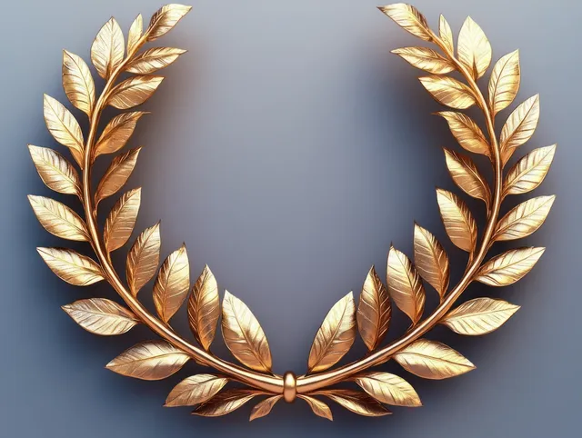 Golden laurel wreath with detailed leaves and a small central clasp on a smooth gray background.