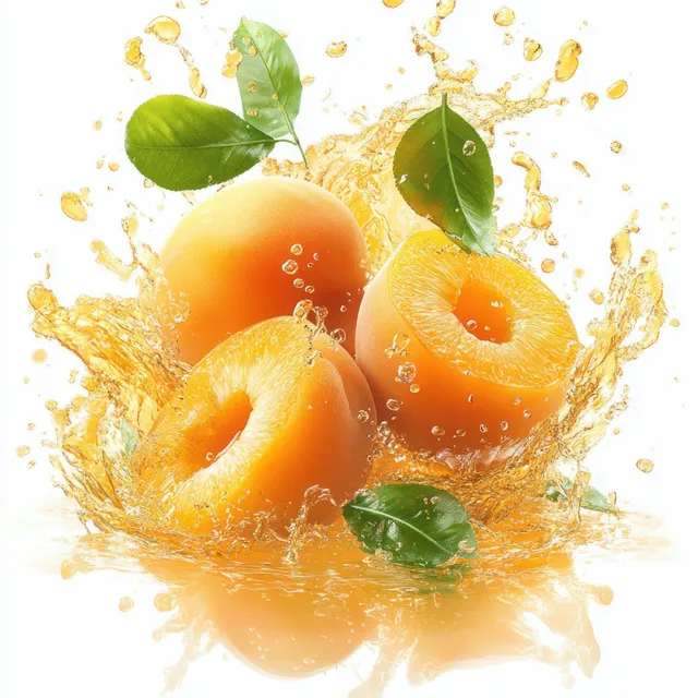 Albaricoques en una salpicadura de jugo de naranja con hojas verdes flotantes y gotas sobre un fondo blanco.