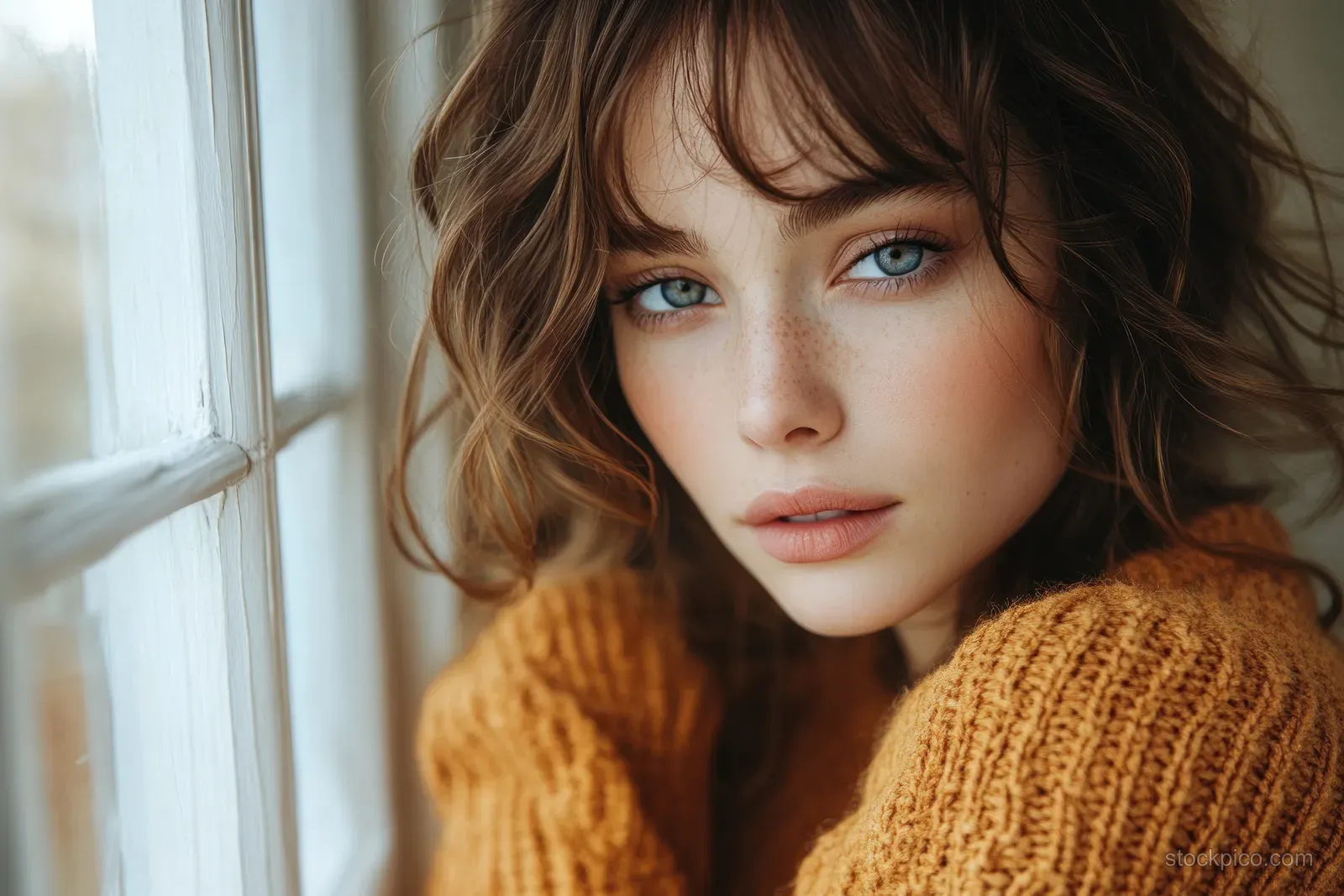 A young woman smiles and laughs indoors while wearing a cozy sweater, illuminated by soft natural light.