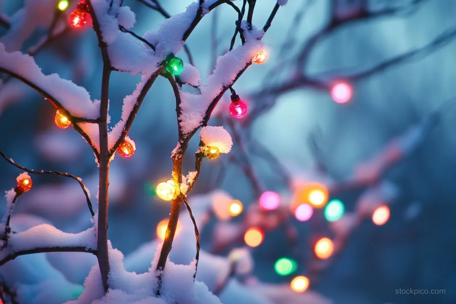 Colorful string lights glow on snow-covered bare tree branches while blurred festive lights shimmer behind.