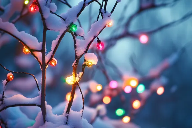 Colorful string lights glow on snow-covered bare tree branches while blurred festive lights shimmer behind.