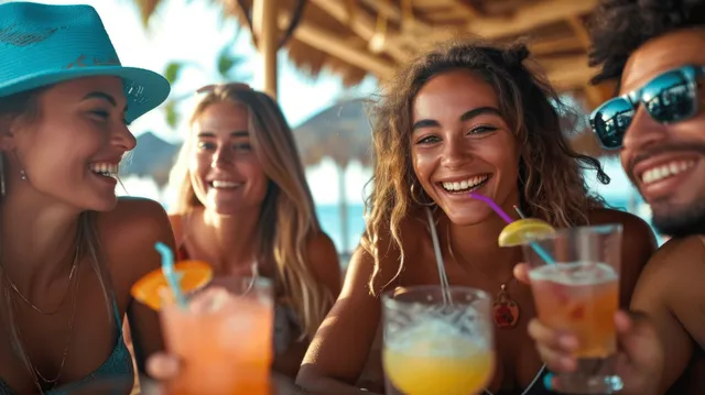 Joyful young multiracial friends toast cocktails at a beach bar during sunset