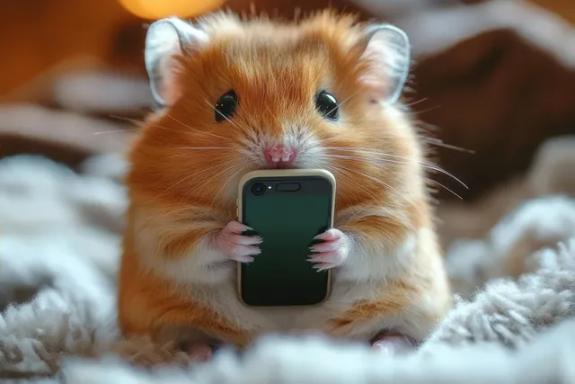 Fluffy orange hamster holding a small smartphone while sitting on a soft textured blanket indoors.