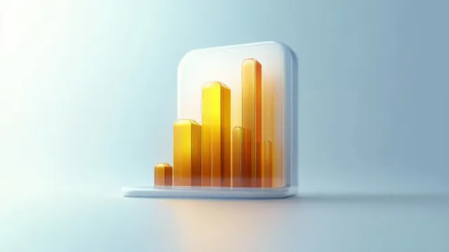 A yellow-gold bar chart icon sits inside a glass cube with soft ambient light on a white background.