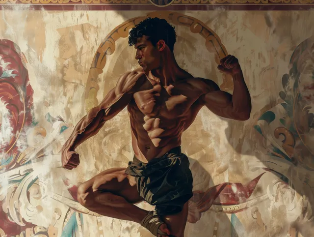 Greco-Roman wrestler grapples in an ancient arena, muscles tense under dramatic light