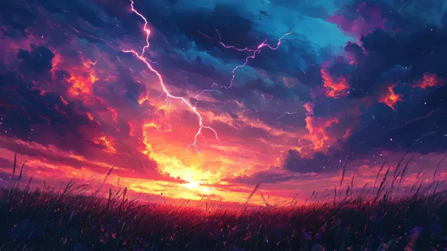 Stormy sunset over a grassy field with vivid lightning bolts and blazing cloud bursts