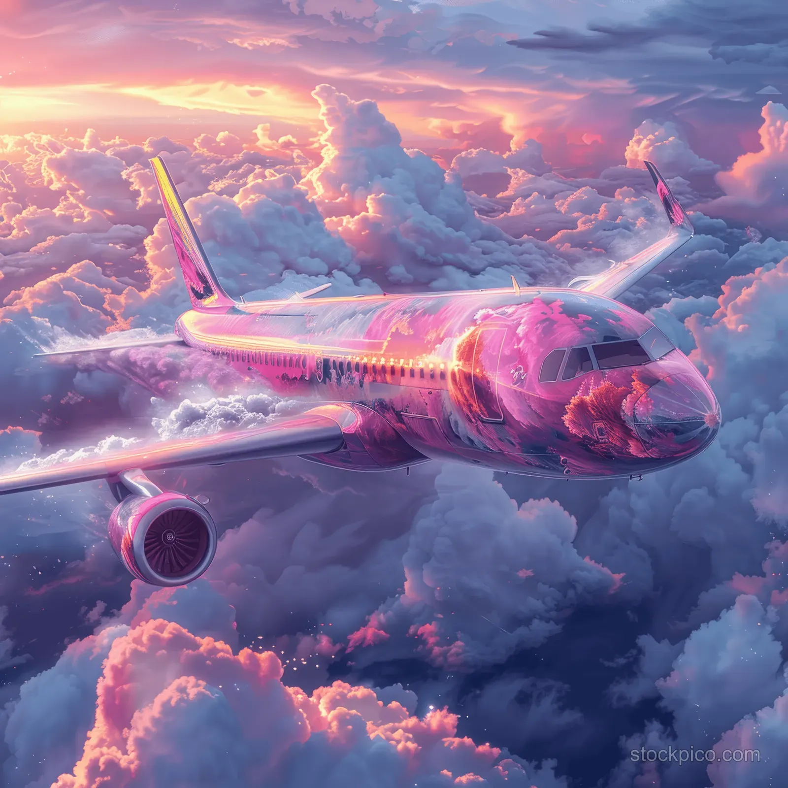 A psychedelic cartoon airplane flies through dreamy clouds with neon wave-like light patterns in purple and turquoise.