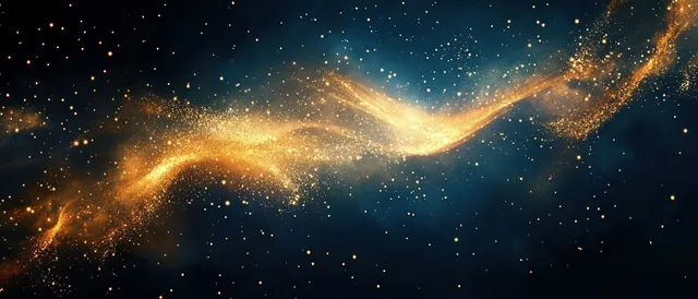 Golden stardust particles stream and sparkle across a dark blue nebula-like cosmic background.