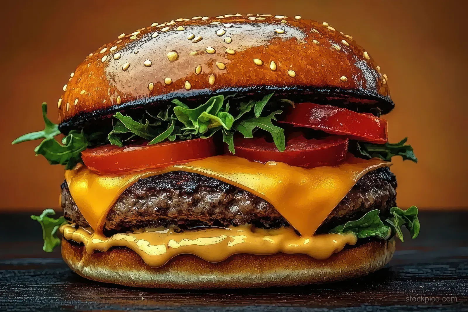 Juicy cheeseburger close-up with melted cheddar, lettuce, tomato, and creamy sauce on a sesame seed bun.