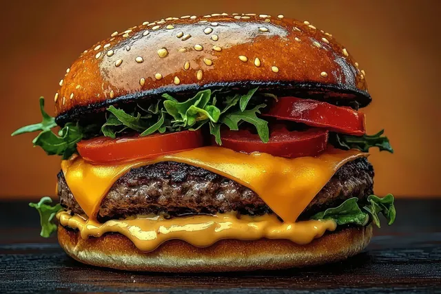 Juicy cheeseburger close-up with melted cheddar, lettuce, tomato, and creamy sauce on sesame bun