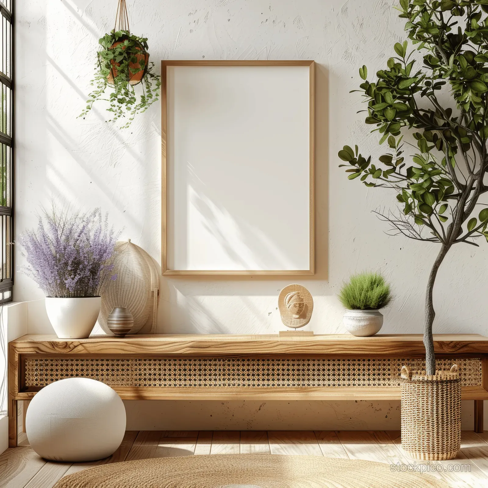 Blank vertical poster frame on a light wooden console with potted plants and a minimalist Scandinavian backdrop.