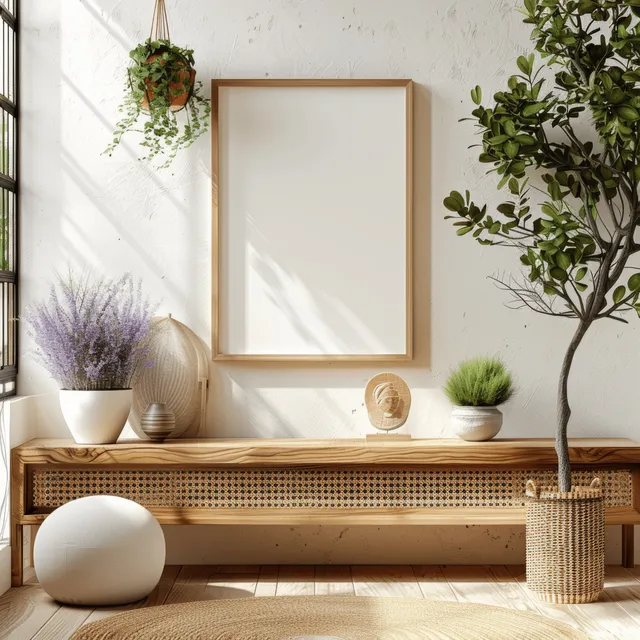 3D poster frame mockup in Scandinavian living room on wooden console with greenery