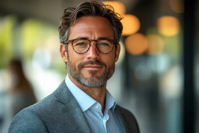 A middle-aged executive in a gray suit smiles at the camera in a modern office with blurred lights behind.