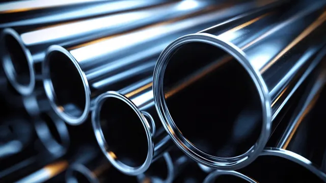 Stacked shiny steel pipes with reflective chrome surfaces and visible hollow openings in close-up.