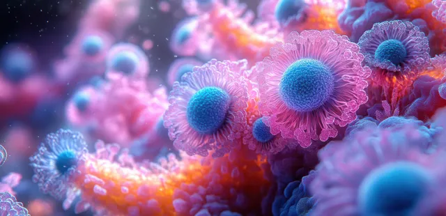 Colorful antibody-like spheres surround glowing virus particles in a blue and pink immune system close-up.