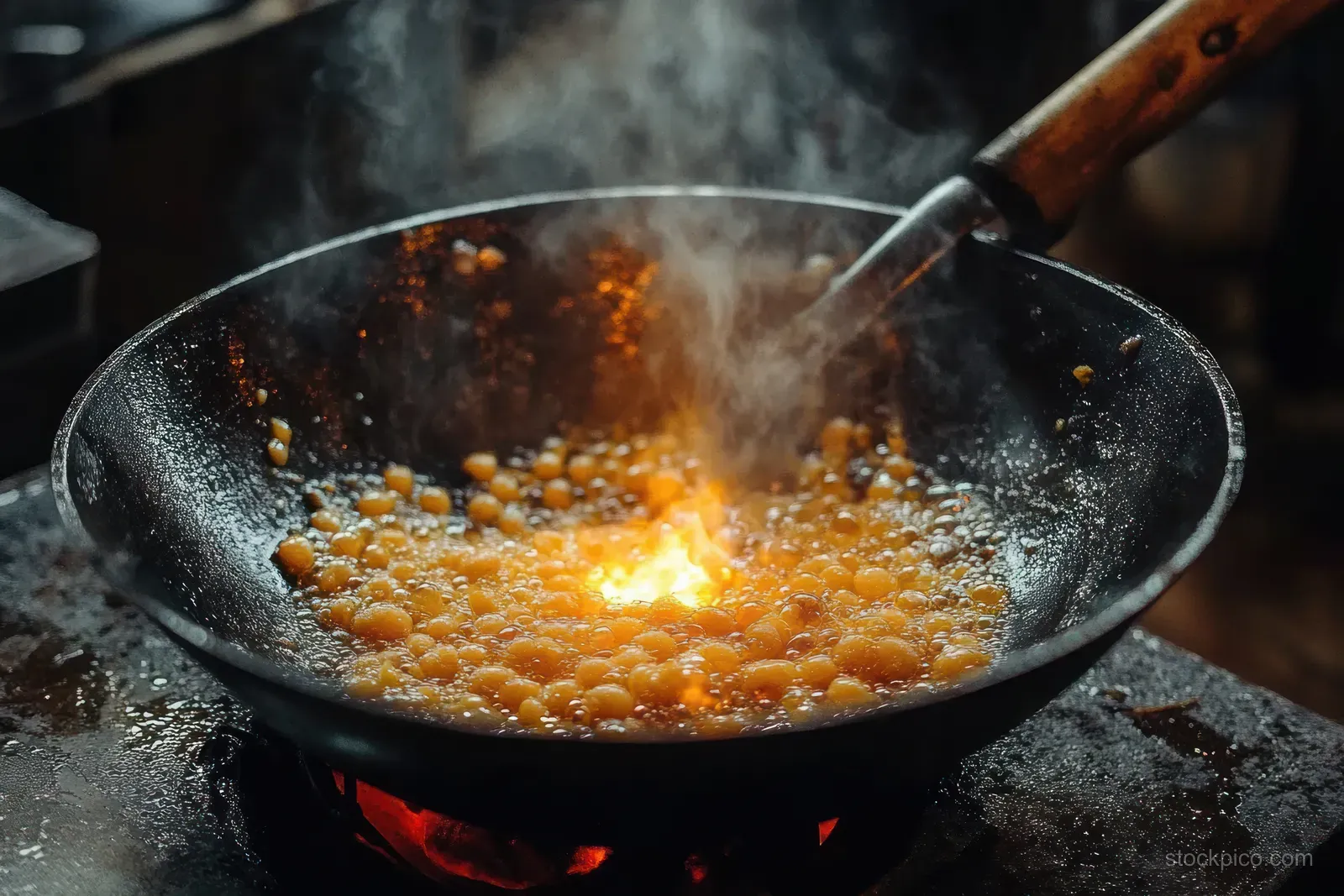 Chicken frying in sizzling oil inside a black wok, steam rising in a cozy kitchen.