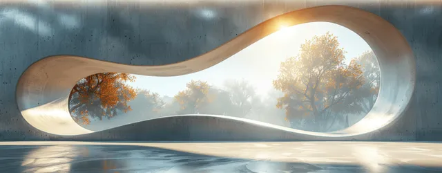 Curved concrete interior reveals a golden autumn tree view through an infinity-shaped opening.