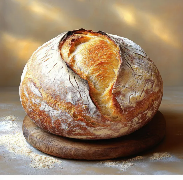 Fresh round artisan bread loaf with golden crust and cracked scoring resting on a wooden board dusted with flour.