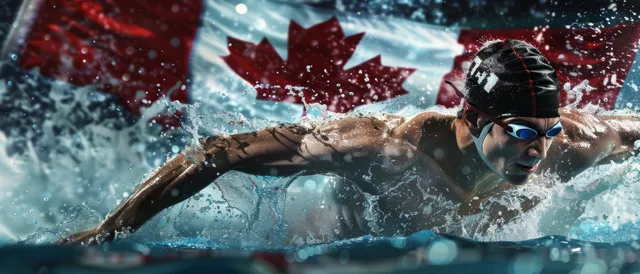 A male freestyle swimmer races through the pool with a Canada flag visible behind him amid water splashes.