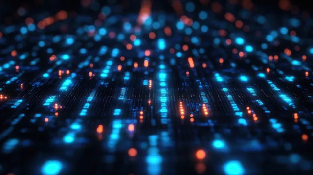 Futuristic data stream tunnels with glowing blue and orange light signals in darkness