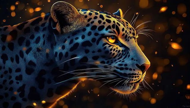 Close-up leopard face with glowing amber eyes and swirling orange particles against a dark warm background.