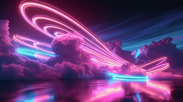 Neon lightning bolt arcs through pastel storm clouds with glowing light trails