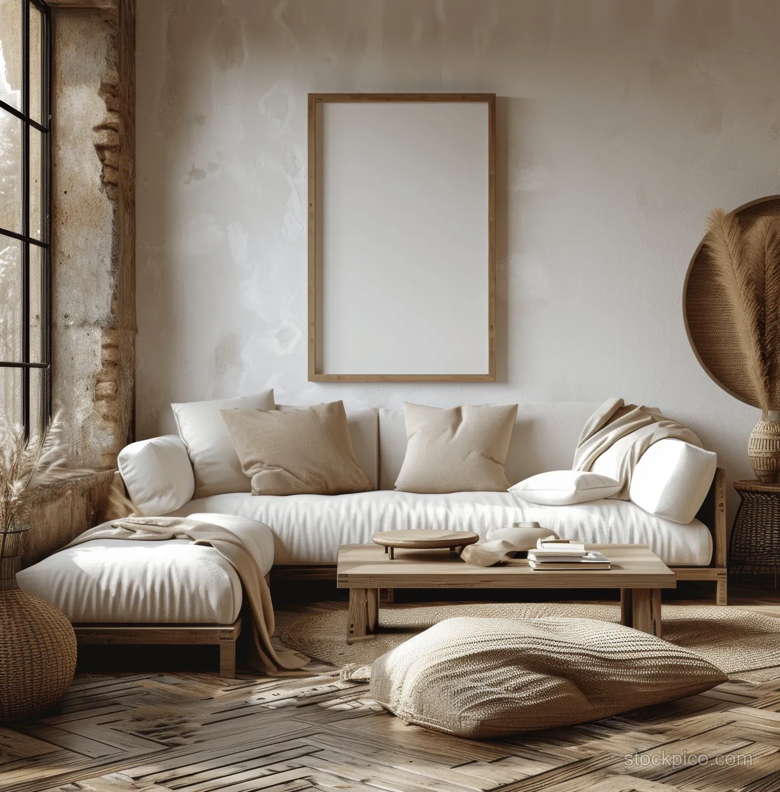 Blank wooden frame hangs above a white sofa in a bohemian living room with dried pampas grass and woven decor.