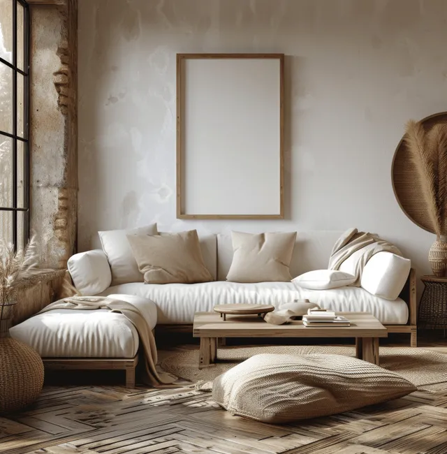 Blank wooden frame hangs above a white sofa in a bohemian living room with dried pampas grass and woven decor.