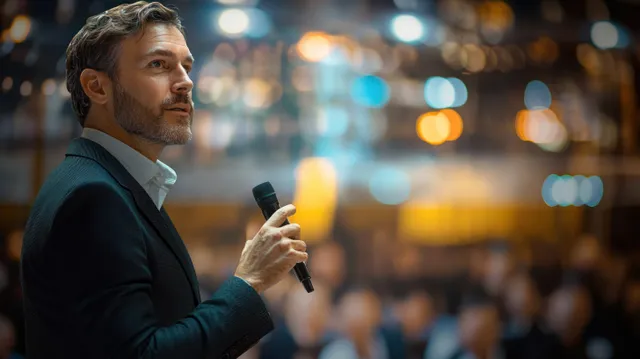 A business speaker holds a microphone on stage while the audience appears blurred behind bokeh lights.