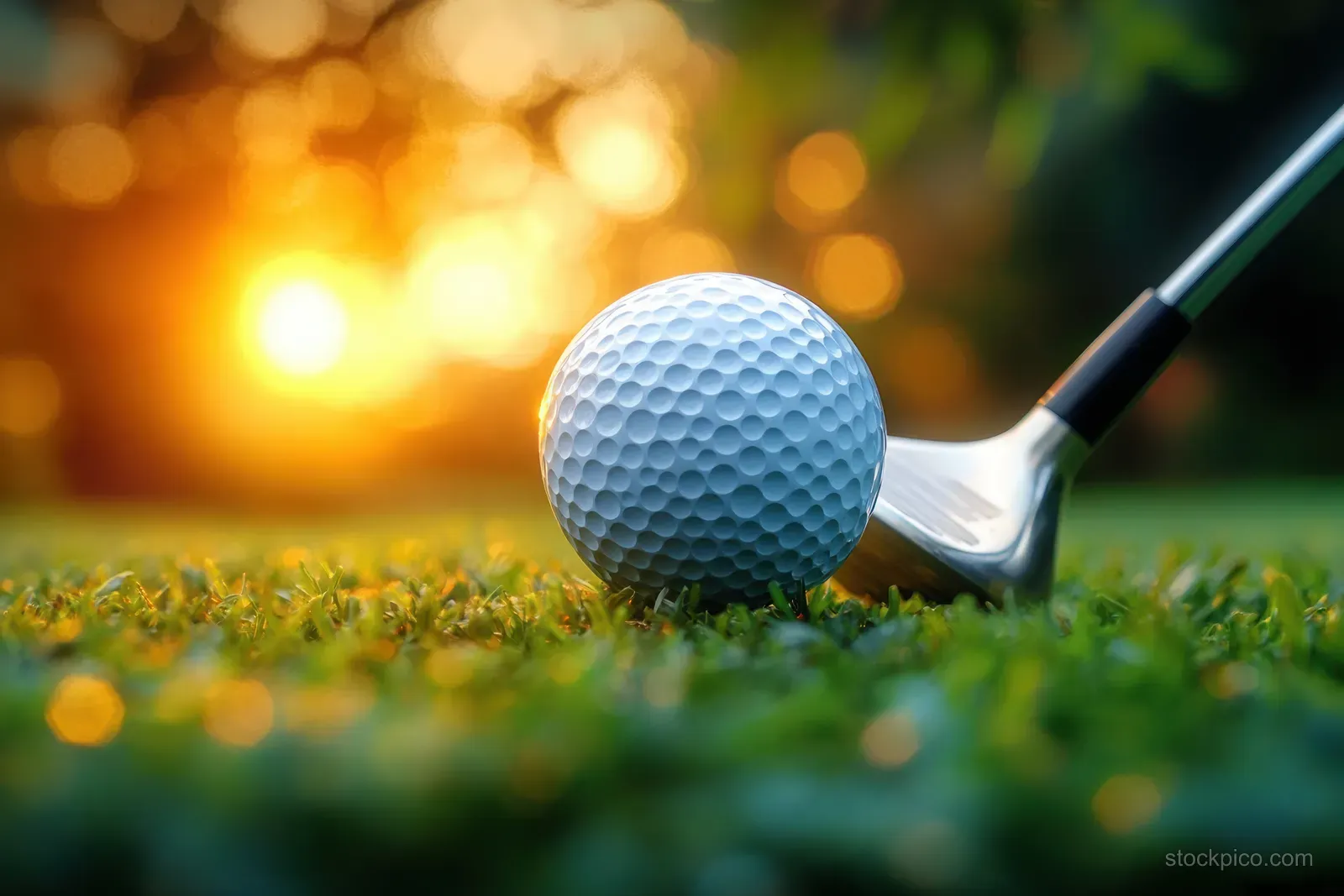 A dimpled golf ball sits on grass beside a golf club with warm sunset bokeh in the background.