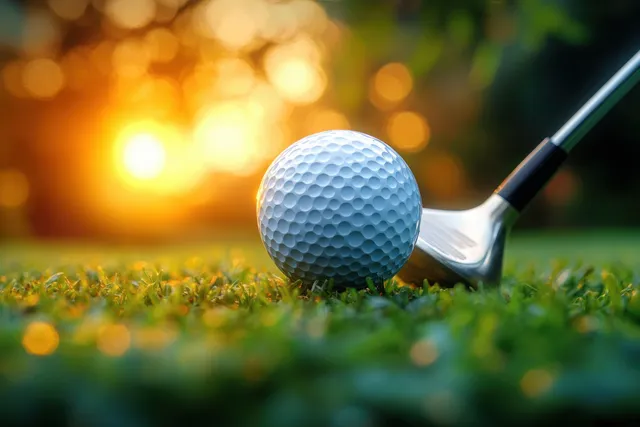 A dimpled golf ball sits on grass beside a golf club with warm sunset bokeh in the background.