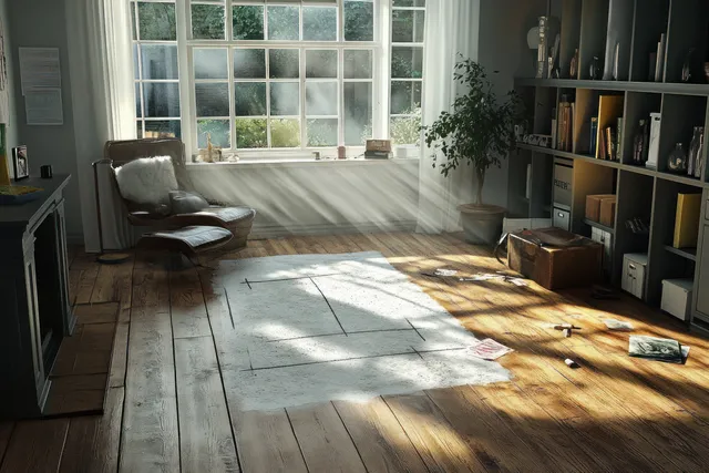 Chalk outline surrounds a motionless body on a living room rug while investigators inspect evidence in morning sunlight.