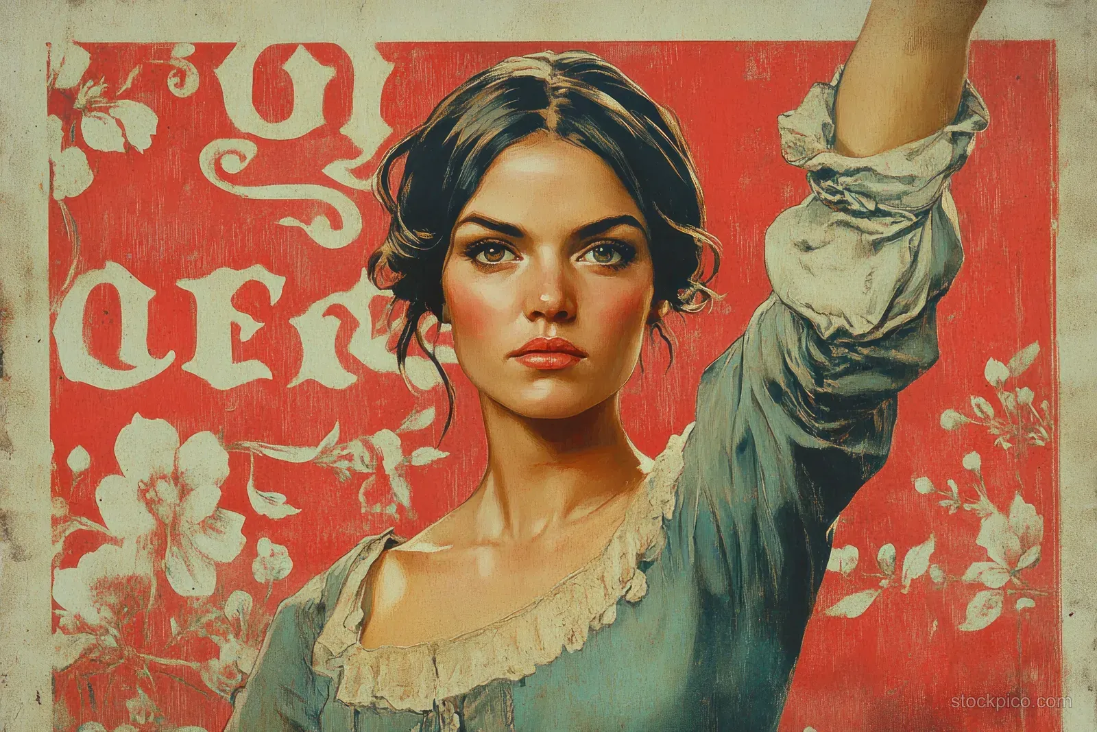 Young woman in vintage dress raises her arm against a red floral patterned background.