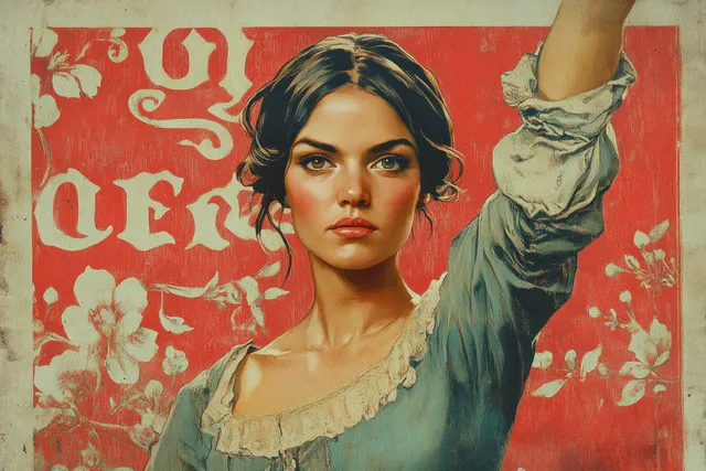 Young woman in vintage dress raises her arm against a red floral patterned background.